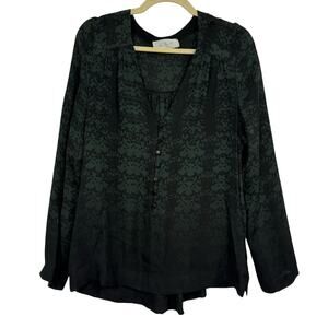 ALC Green & Black Floral Print Silk Blouse Womens XS Long Sleeve Buttons Shirt